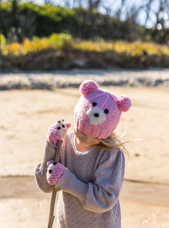 Acorn Bear Face Mittens - Pink