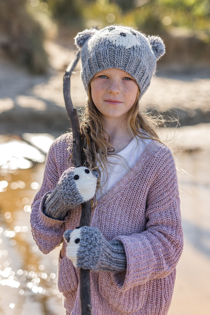 Acorn Bear Face Mittens - Grey