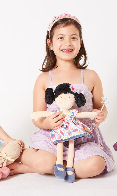 Lilac Flower Kid Doll with Black Hair