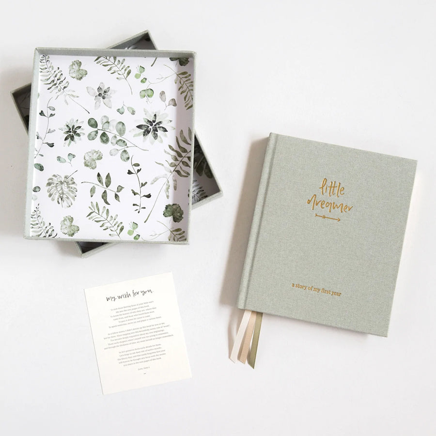 Boxed Linen Cover Luxe Baby Journal - Sage Green