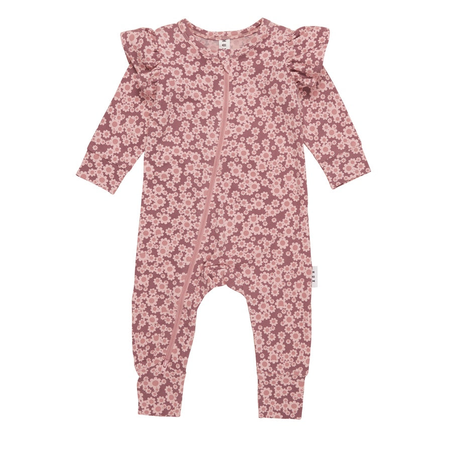 Huxbaby Flower Bear Zip Romper - Dusty Plum