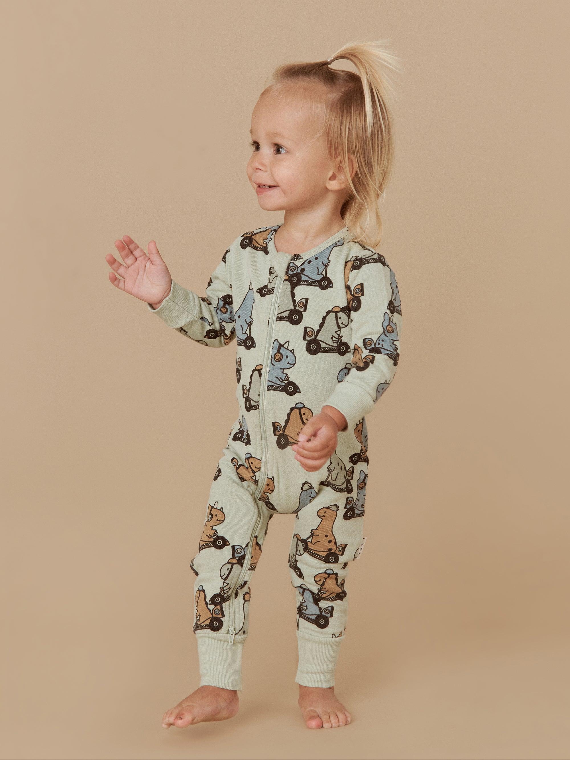 Huxbaby Dino Racer Zip Romper - Thyme