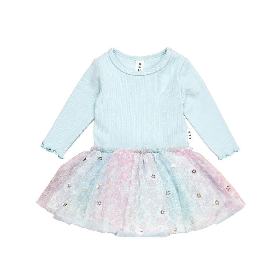 Huxbaby Rainbow Flower Rib Long Sleeve Ballet Onesie - Sky