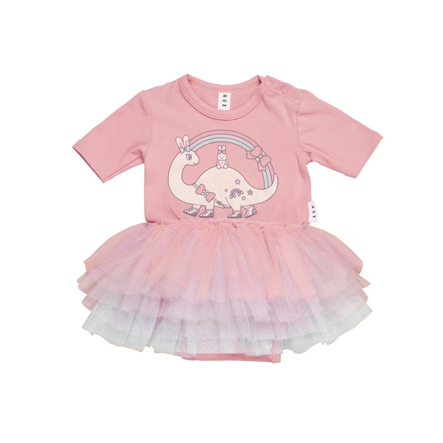 Huxbaby Dino Rainbow Layered Ballet Onesie - Dusty Rose