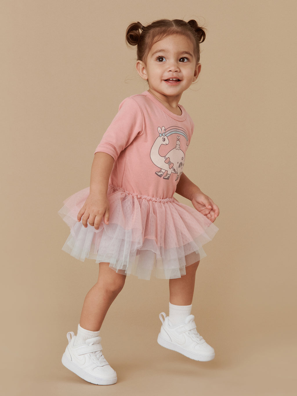 Huxbaby Dino Rainbow Layered Ballet Onesie - Dusty Rose