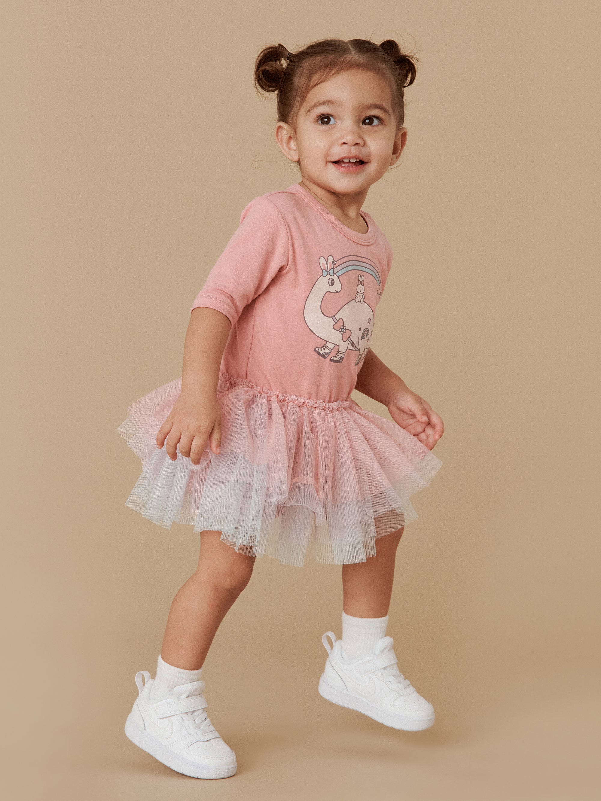 Huxbaby Dino Rainbow Layered Ballet Onesie - Dusty Rose