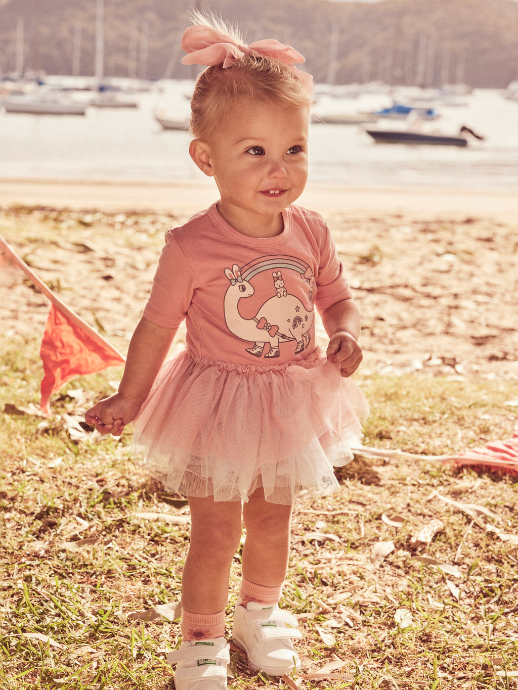 Huxbaby Dino Rainbow Layered Ballet Onesie - Dusty Rose