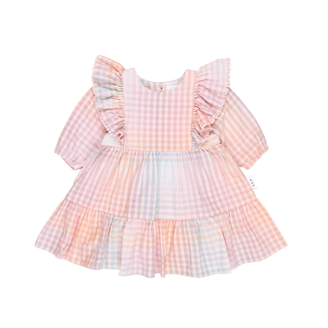 Huxbaby Frill Long Sleeve Dress - Rainbow Check