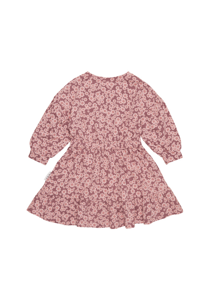 Huxbaby Flower Bear Drop Shoulder Tuck Dress - Dusty Plum