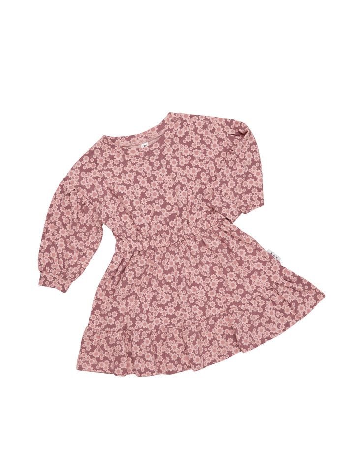 Huxbaby Flower Bear Drop Shoulder Tuck Dress - Dusty Plum