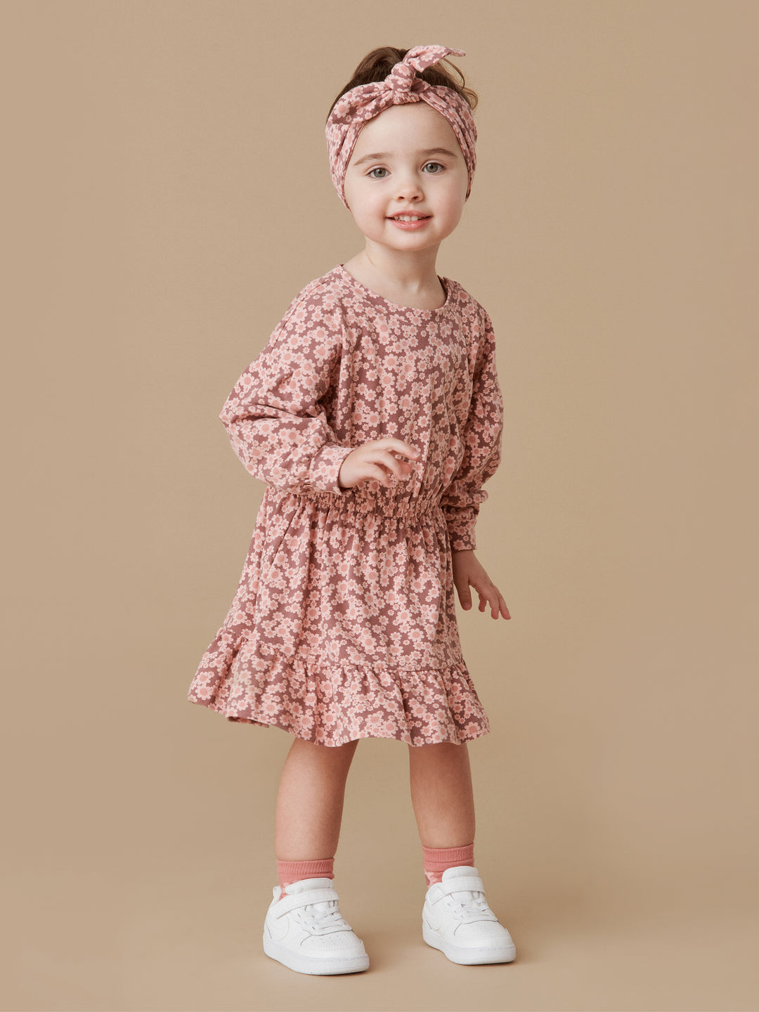 Huxbaby Flower Bear Drop Shoulder Tuck Dress - Dusty Plum