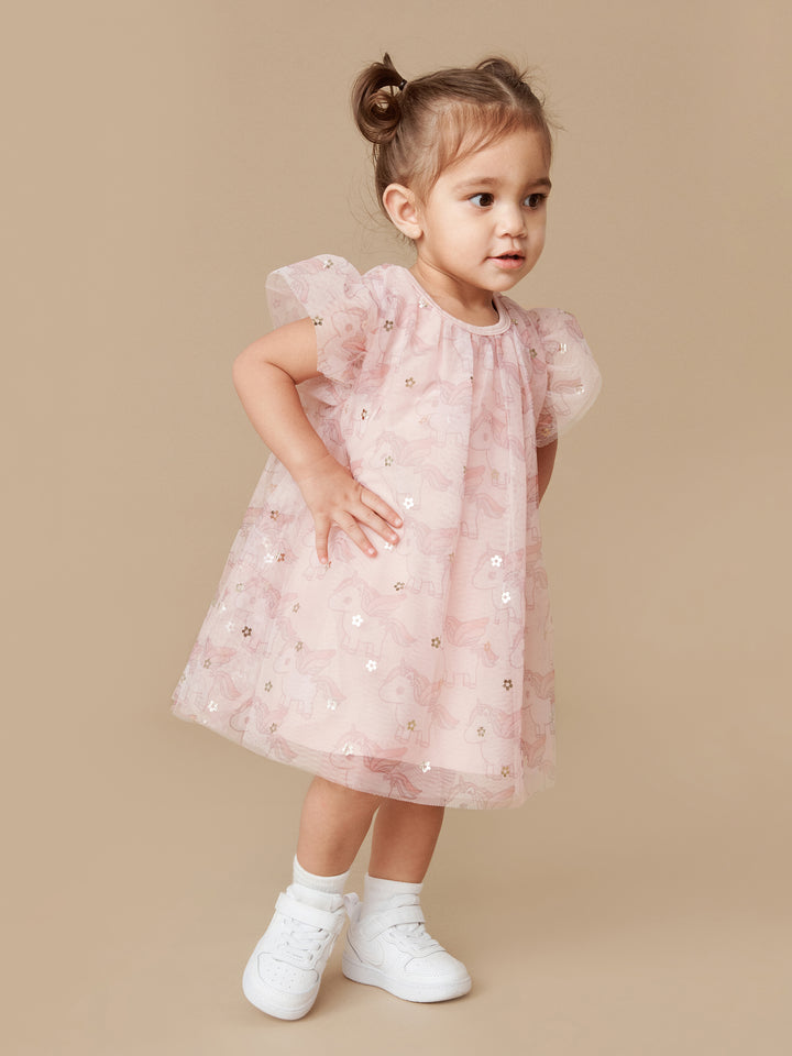 Huxbaby Unicorn Flutter Sleeve Dress - Rose