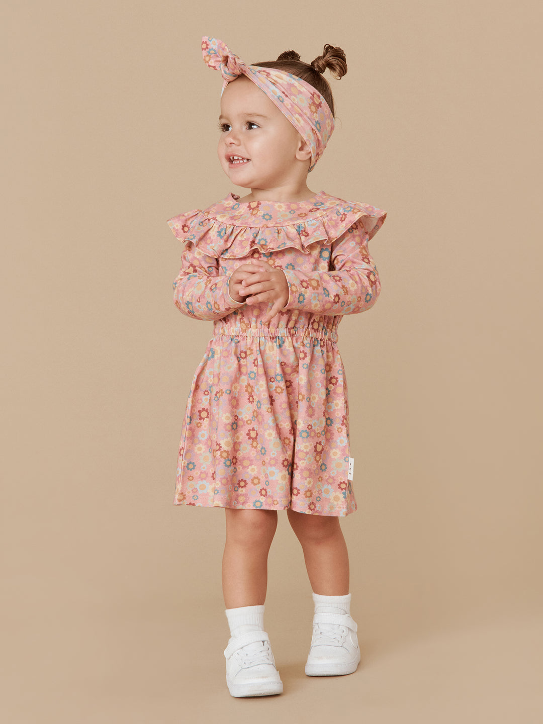 Huxbaby Rainbow Flower Bear Frill Dress - Dusty Rose