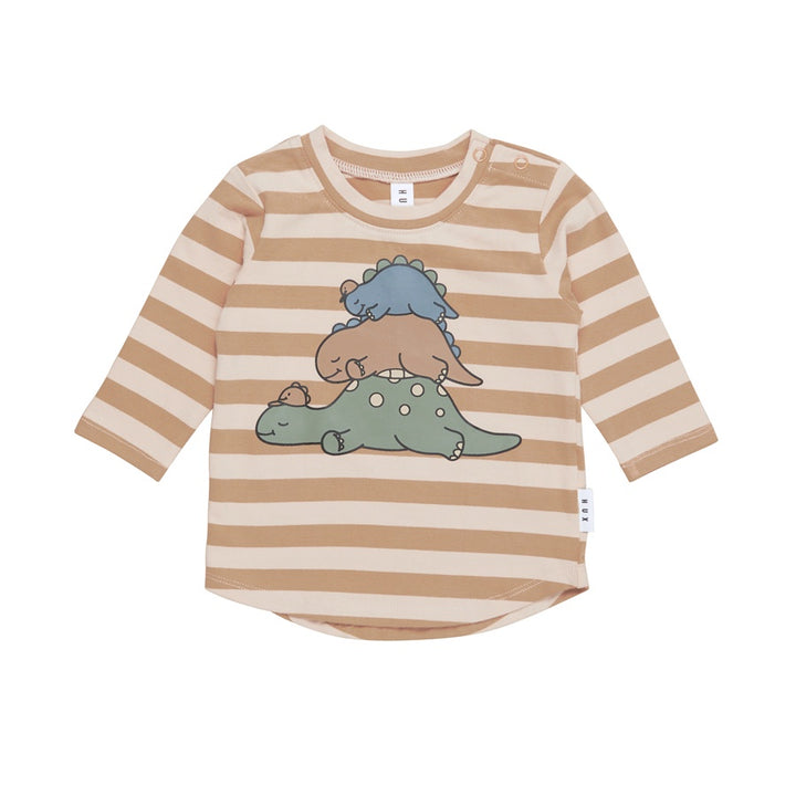 Huxbaby Sleeping Dinos Stripe Top - Biscuit + Wheat
