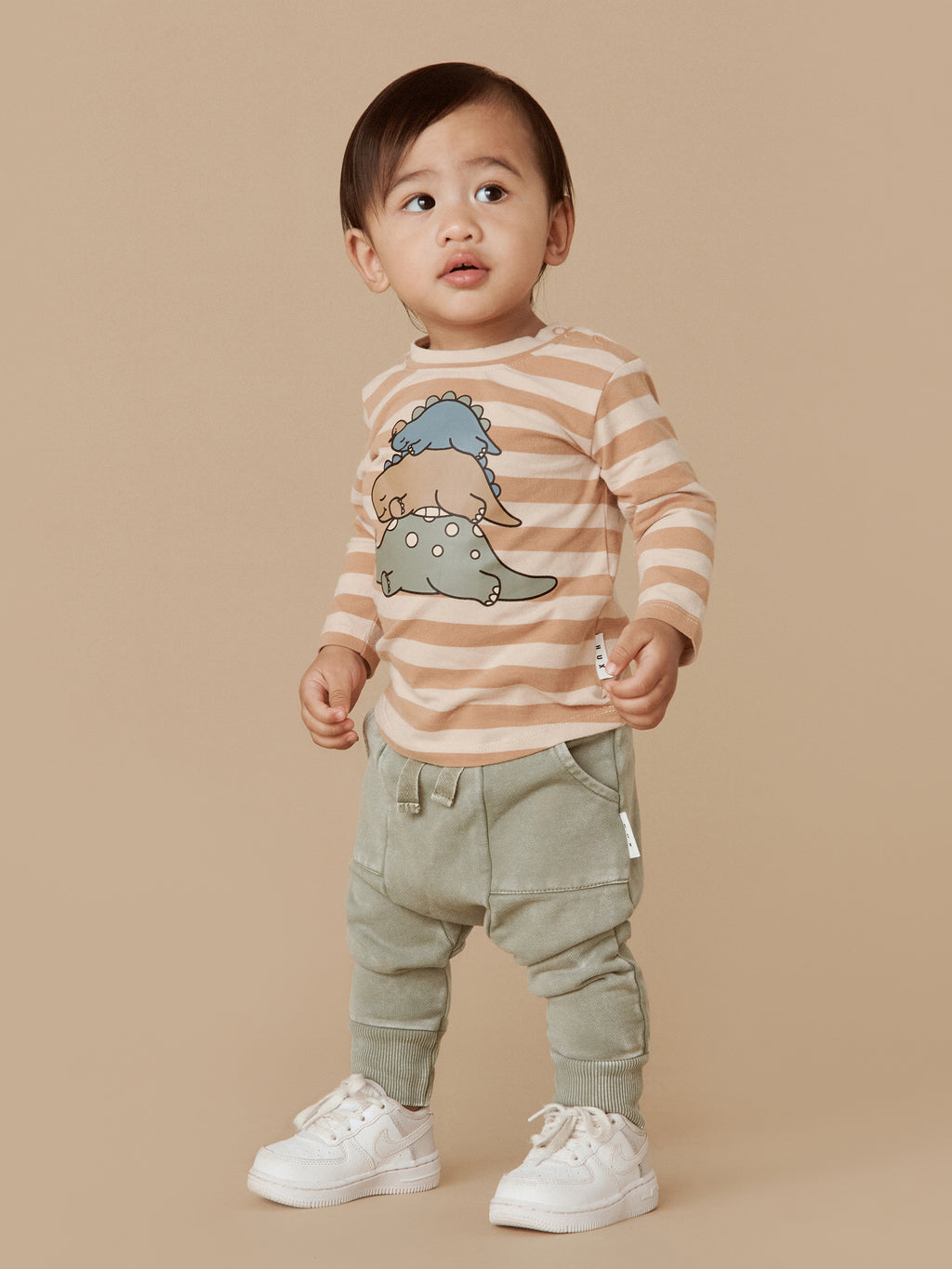 Huxbaby Sleeping Dinos Stripe Top - Biscuit + Wheat