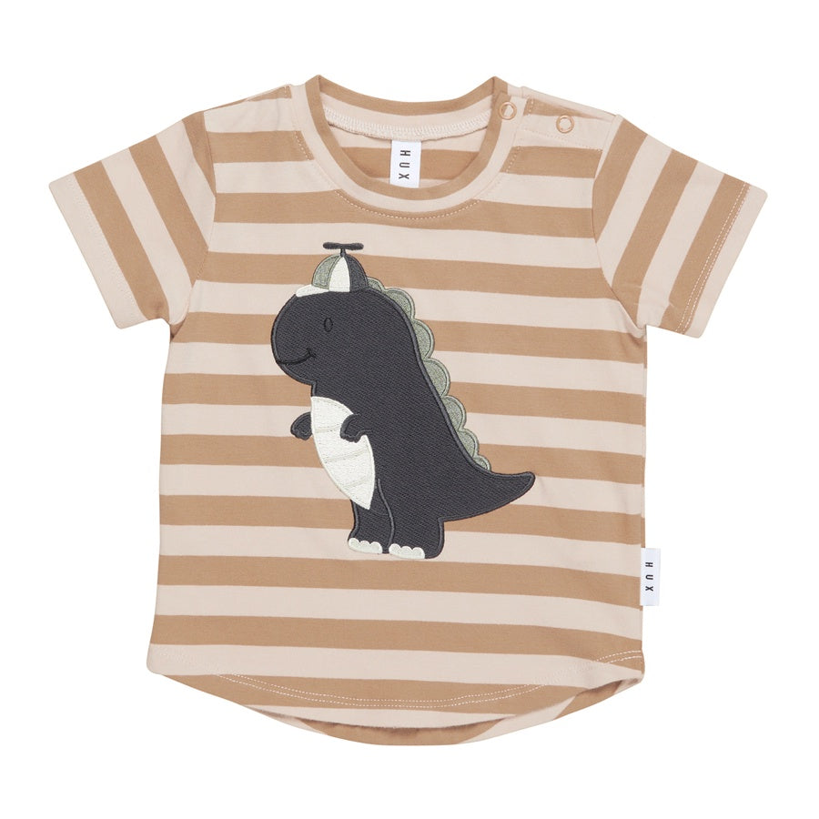 Huxbaby Dino Stripe T-Shirt Biscuit + Wheat