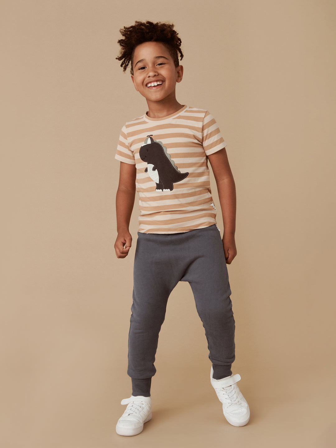 Huxbaby Dino Stripe T-Shirt Biscuit + Wheat