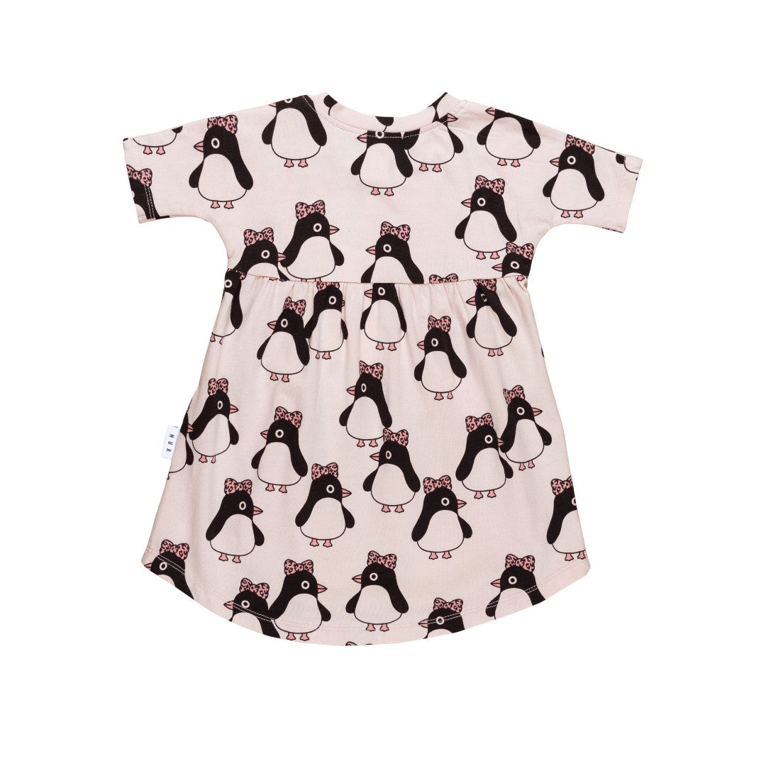Huxbaby AW22 Drop 1 Bow Penguin Long Sleeve Swirl Dress - Rose