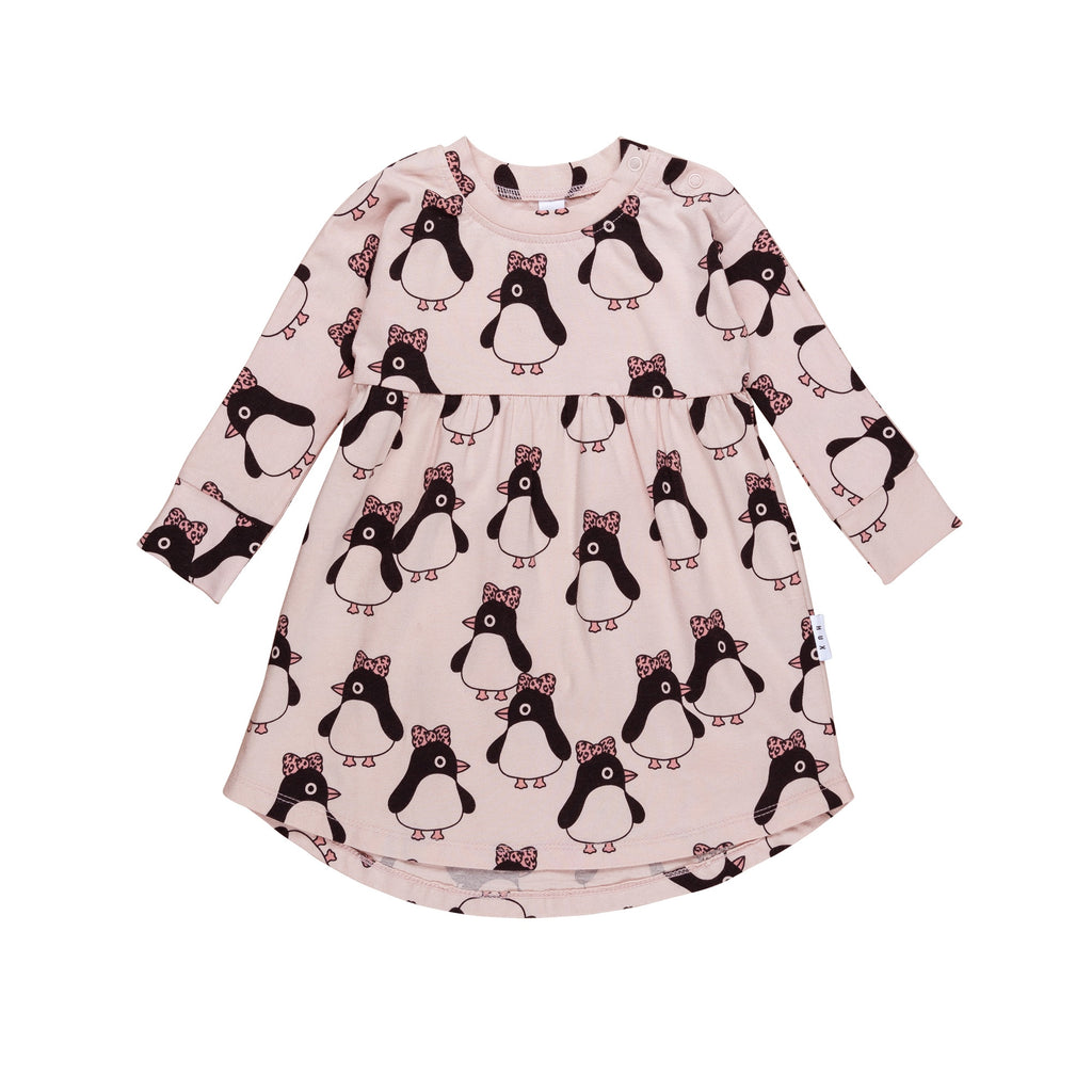 Huxbaby AW22 Drop 1 Bow Penguin Long Sleeve Swirl Dress - Rose