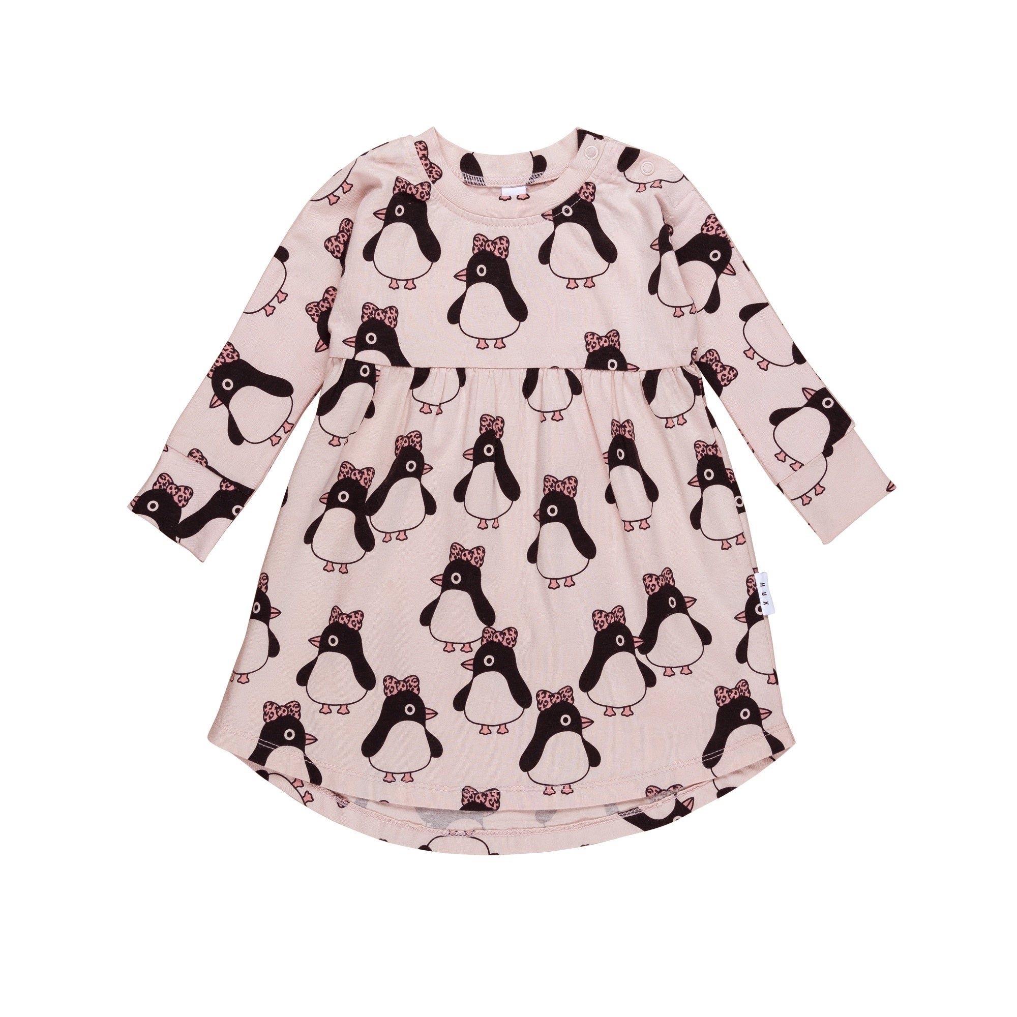 Huxbaby AW22 Drop 1 Bow Penguin Long Sleeve Swirl Dress - Rose