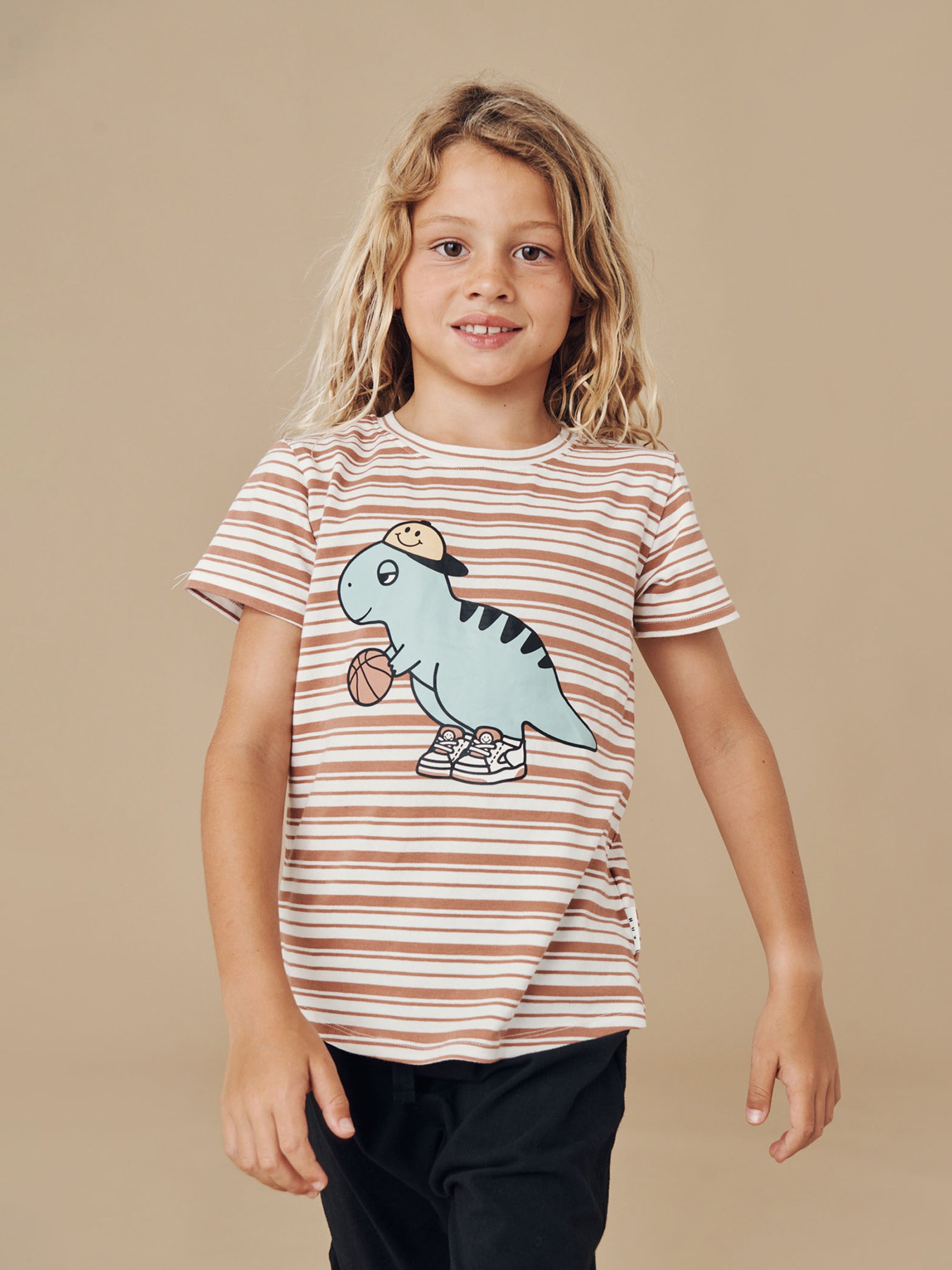 Huxbaby T-Shirt B-Ball Dino - Clay Stripe