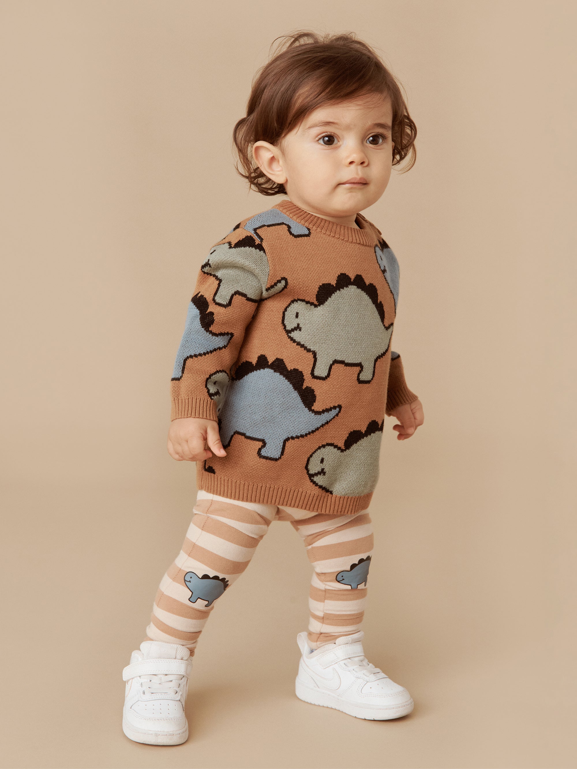 Huxbaby Dino Knee Stripe Legging - Biscuit + Wheat