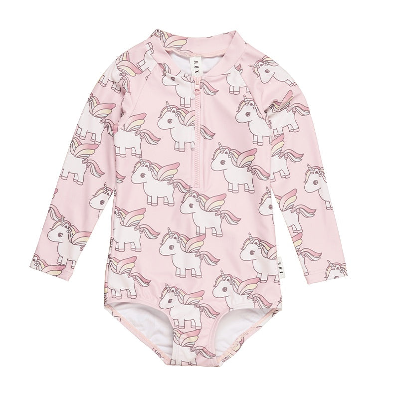 Huxbaby Unicorn Long Sleeve Zip Swimsuit - Rose