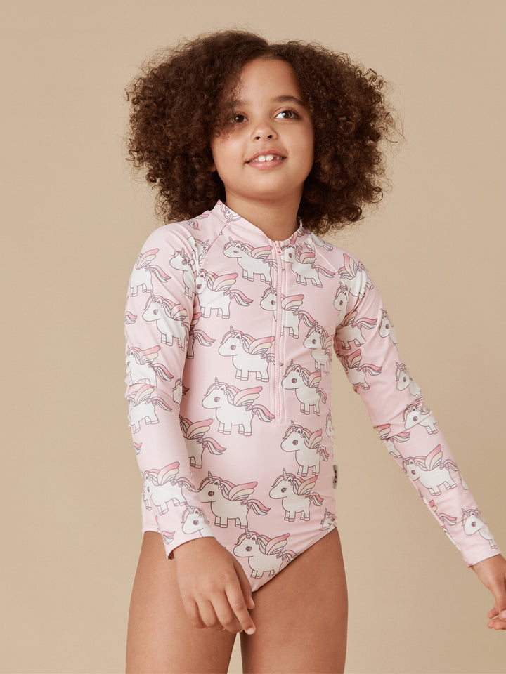 Huxbaby Unicorn Long Sleeve Zip Swimsuit - Rose