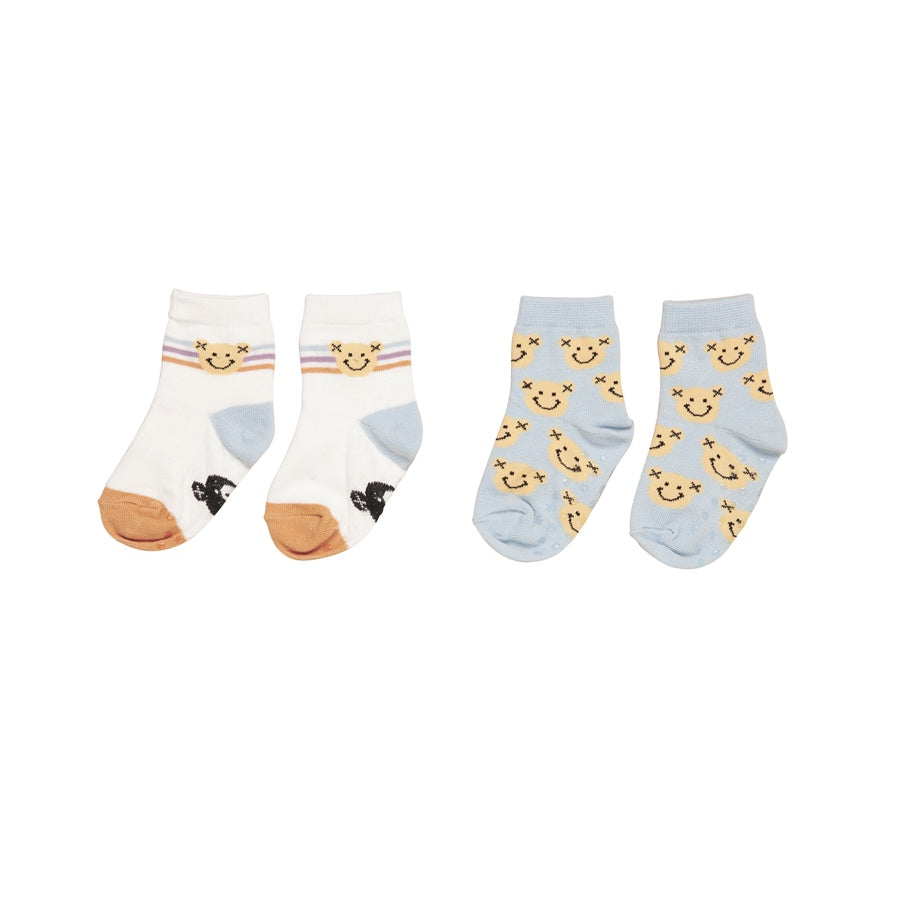 Huxbaby Smile Bear 2Pk Socks - White + Dusty Sky