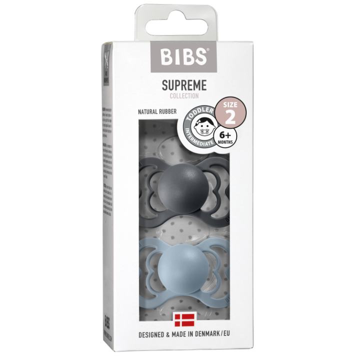 BIBS Supreme Latex Pacifier 2 Pack - Iron/Baby Blue