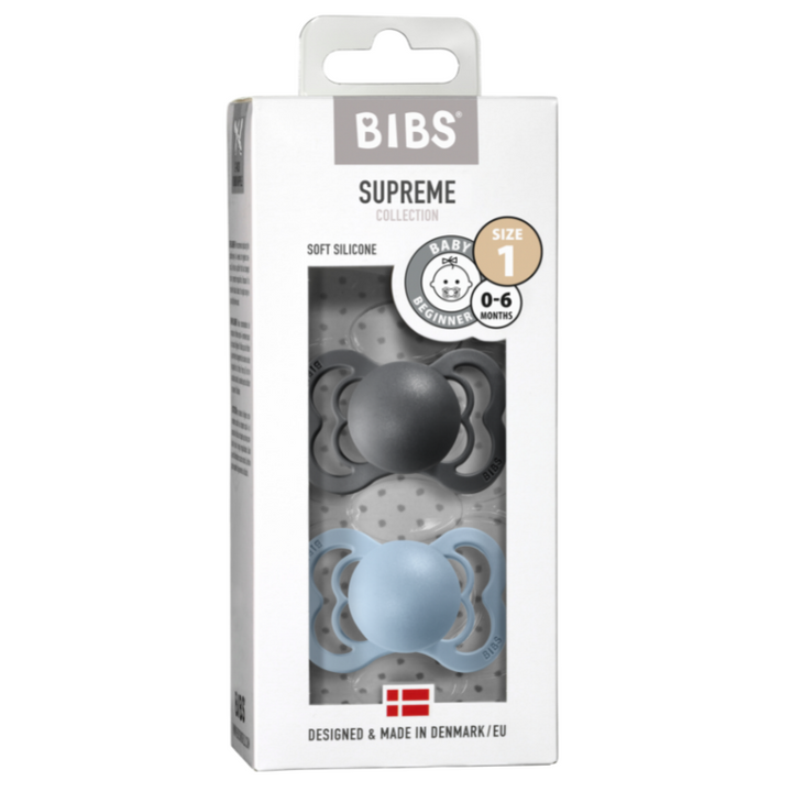 BIBS Supreme Silicone Pacifier 2 Pack - Iron/Baby Blue