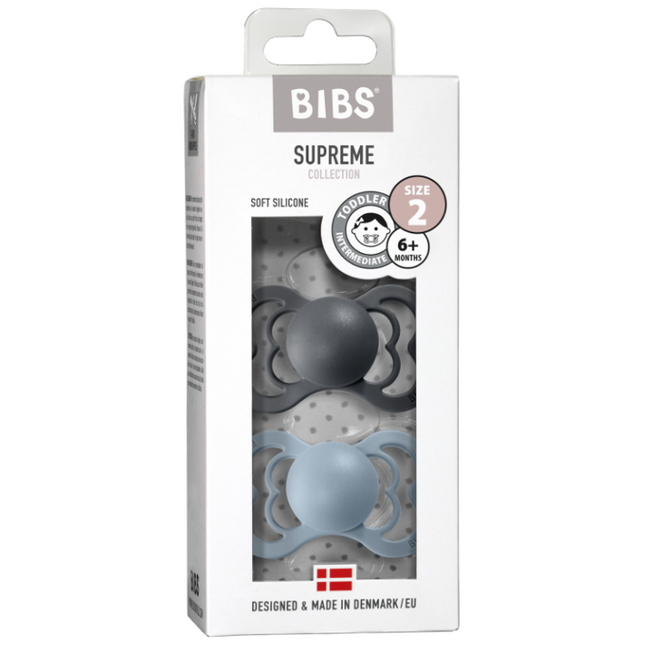 BIBS Supreme Silicone Pacifier 2 Pack - Iron/Baby Blue