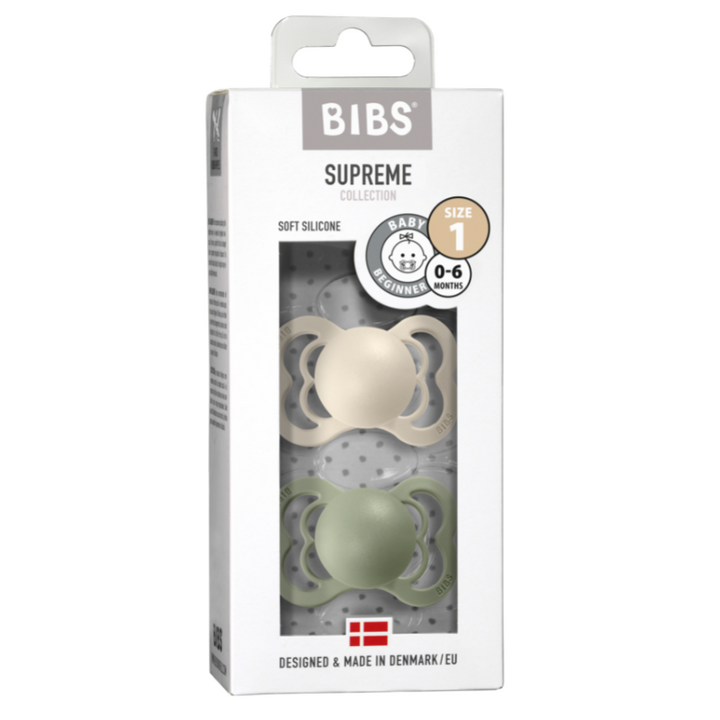 BIBS Supreme Silicone Pacifier 2 Pack - Ivory/Sage
