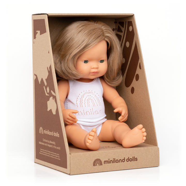 Miniland Anatomically Correct Baby Doll Dark Blond Girl, 38 cm