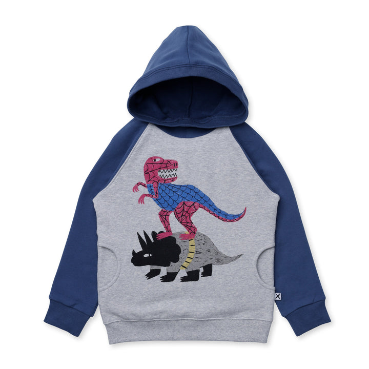 Minti Super Dinos Furry Hood - Grey Marle/Navy