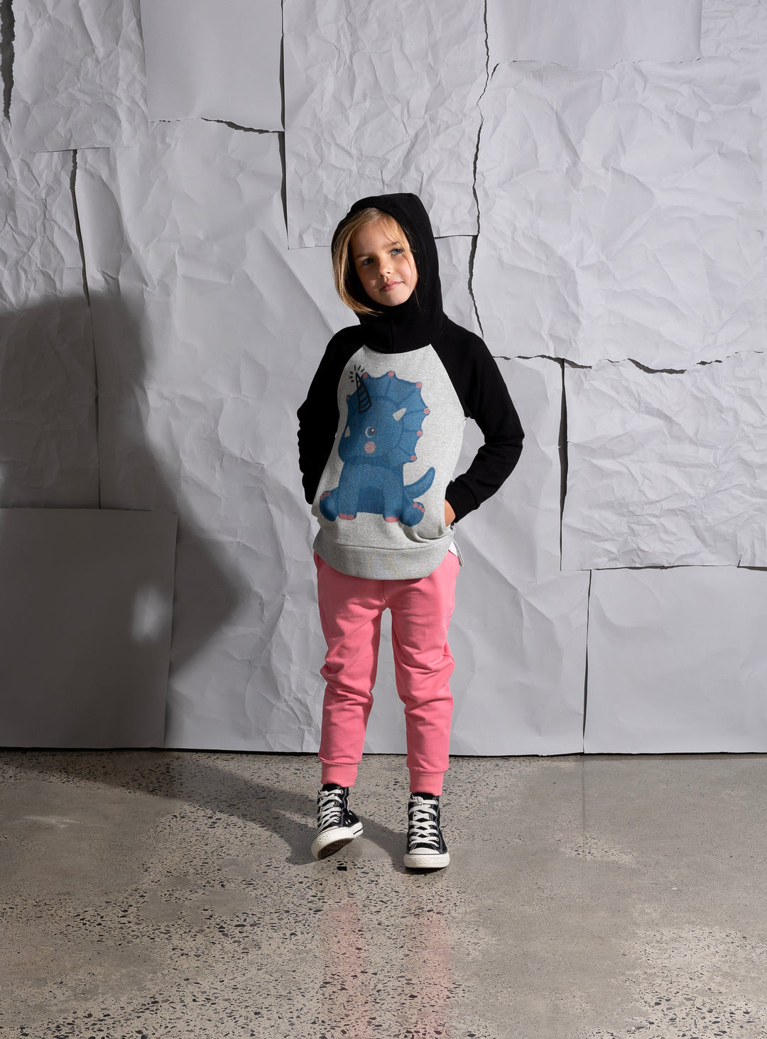 Minti Magical Dino Furry Hood - Grey Marle/Black