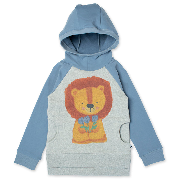 Minti Flower Lion Furry Hood - Grey Marle/Cornflower