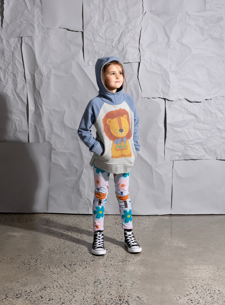 Minti Flower Lion Furry Hood - Grey Marle/Cornflower