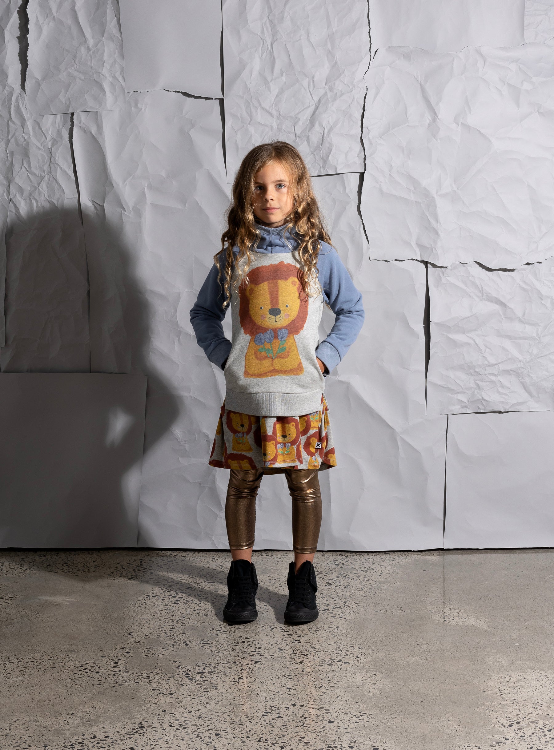 Minti Flower Lion Furry Hood - Grey Marle/Cornflower