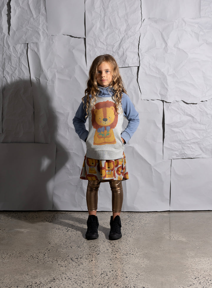 Minti Flower Lion Furry Hood - Grey Marle/Cornflower