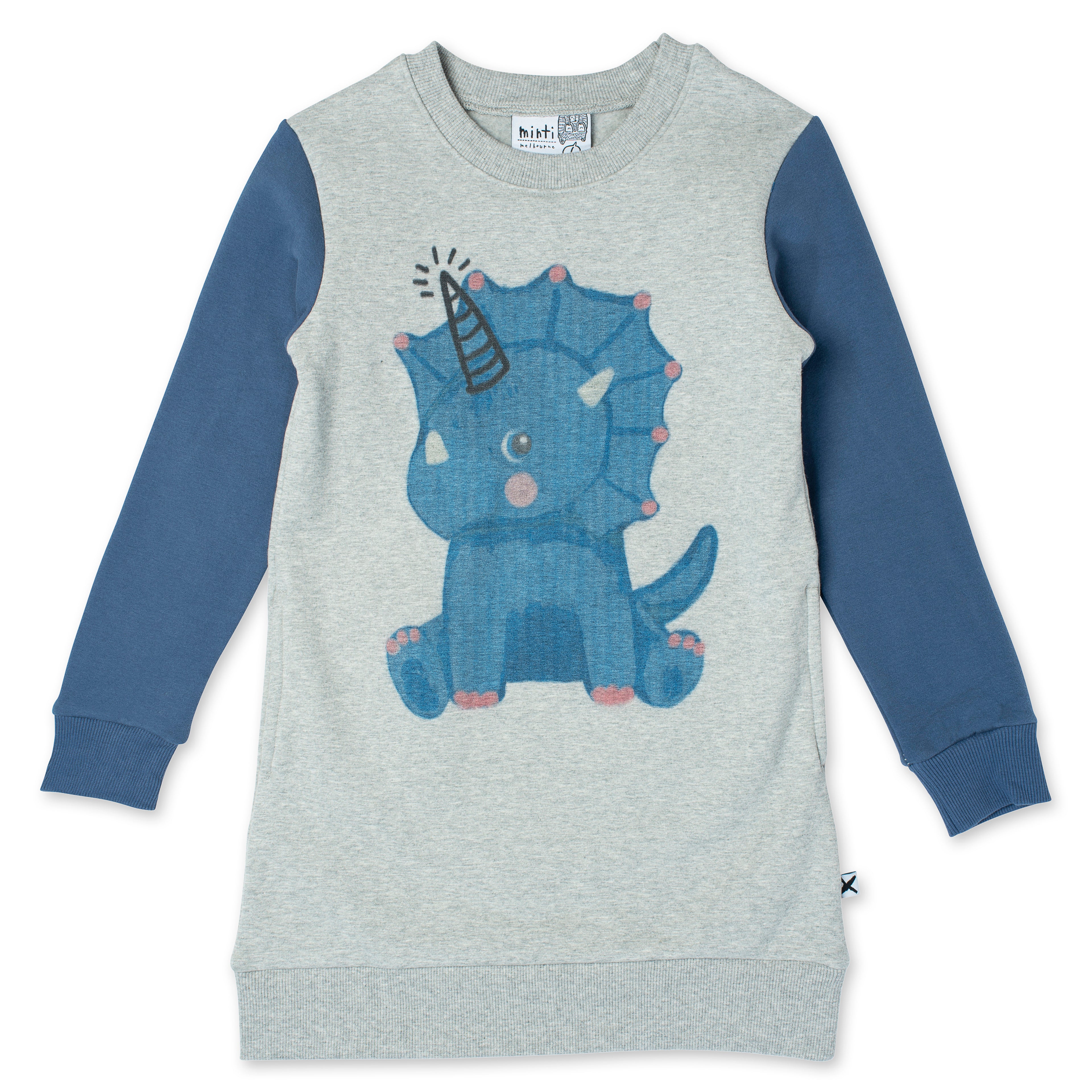 Minti Magical Dino Furry Dress - Grey Marle/Navy