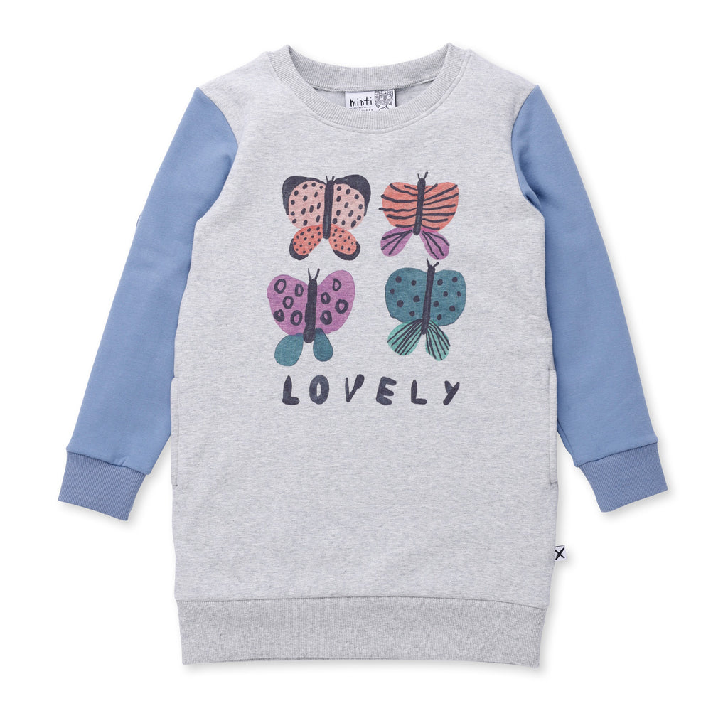 Minti Lovely Butterflies Furry Dress - Grey Marle/Blue