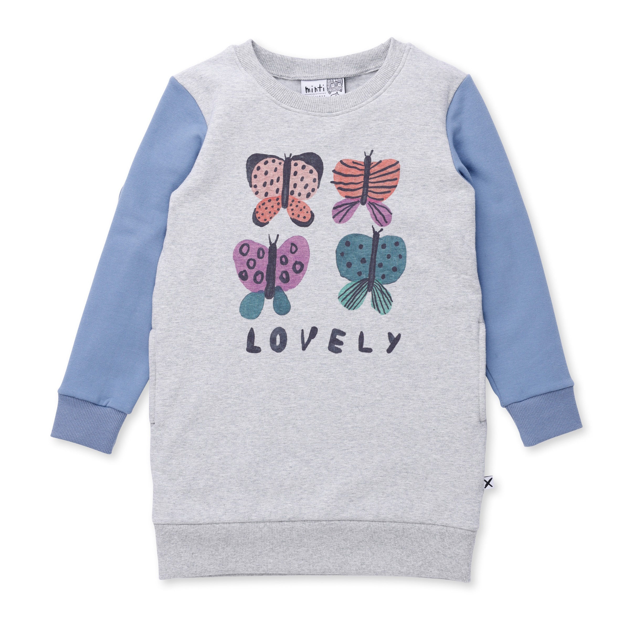 Minti Lovely Butterflies Furry Dress - Grey Marle/Blue