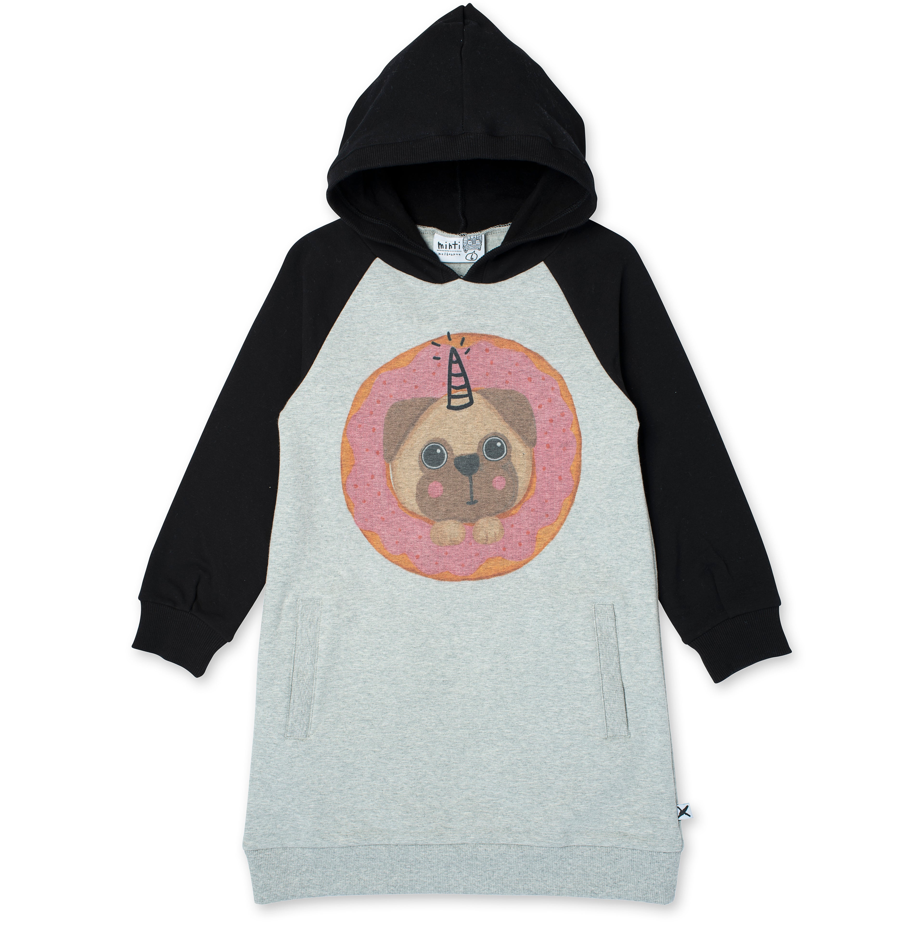 Minti Donut Pug Furry Hoodie Dress - Grey Marle/Black