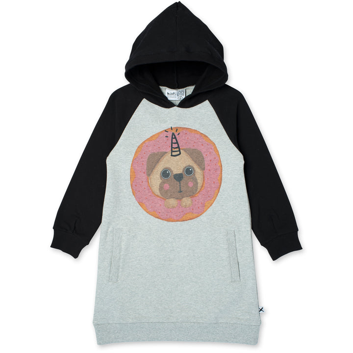 Minti Donut Pug Furry Hoodie Dress - Grey Marle/Black