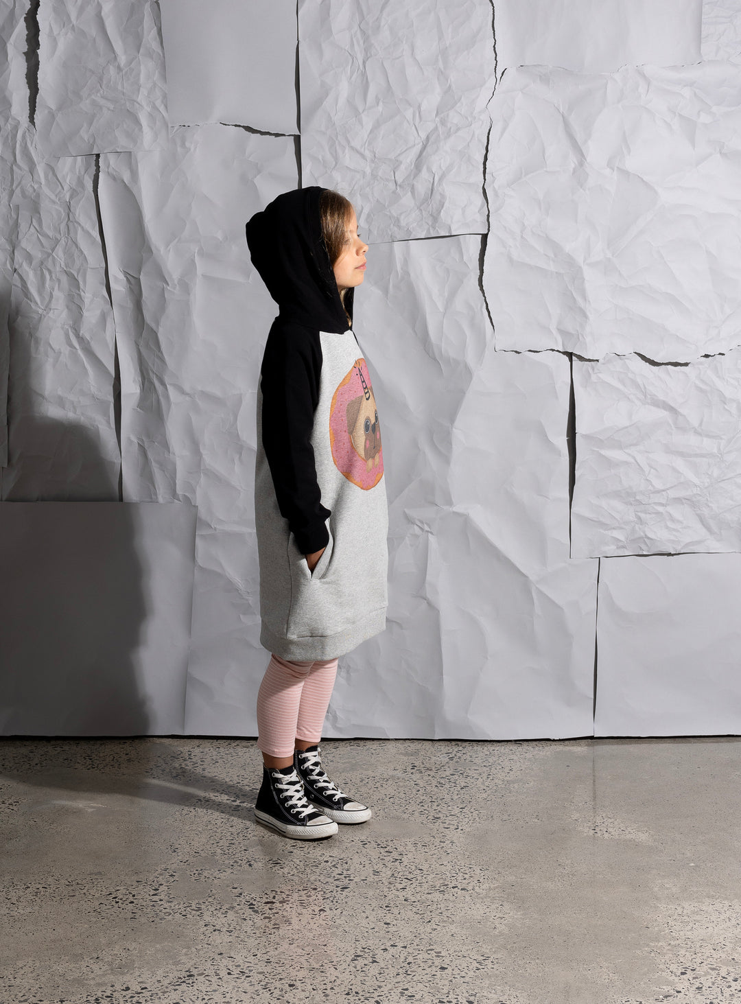 Minti Donut Pug Furry Hoodie Dress - Grey Marle/Black