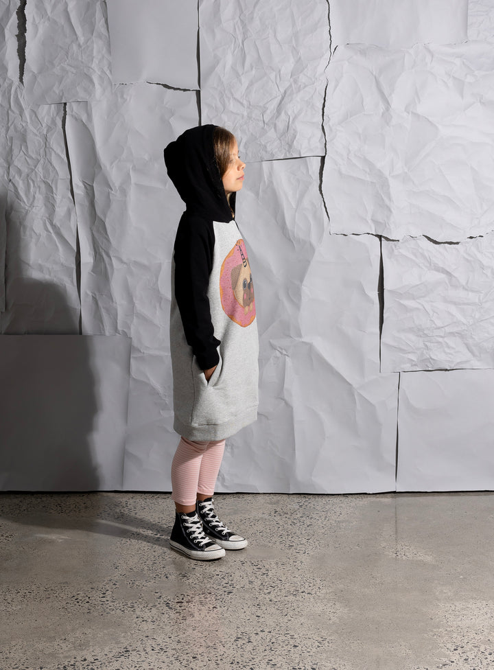 Minti Donut Pug Furry Hoodie Dress - Grey Marle/Black