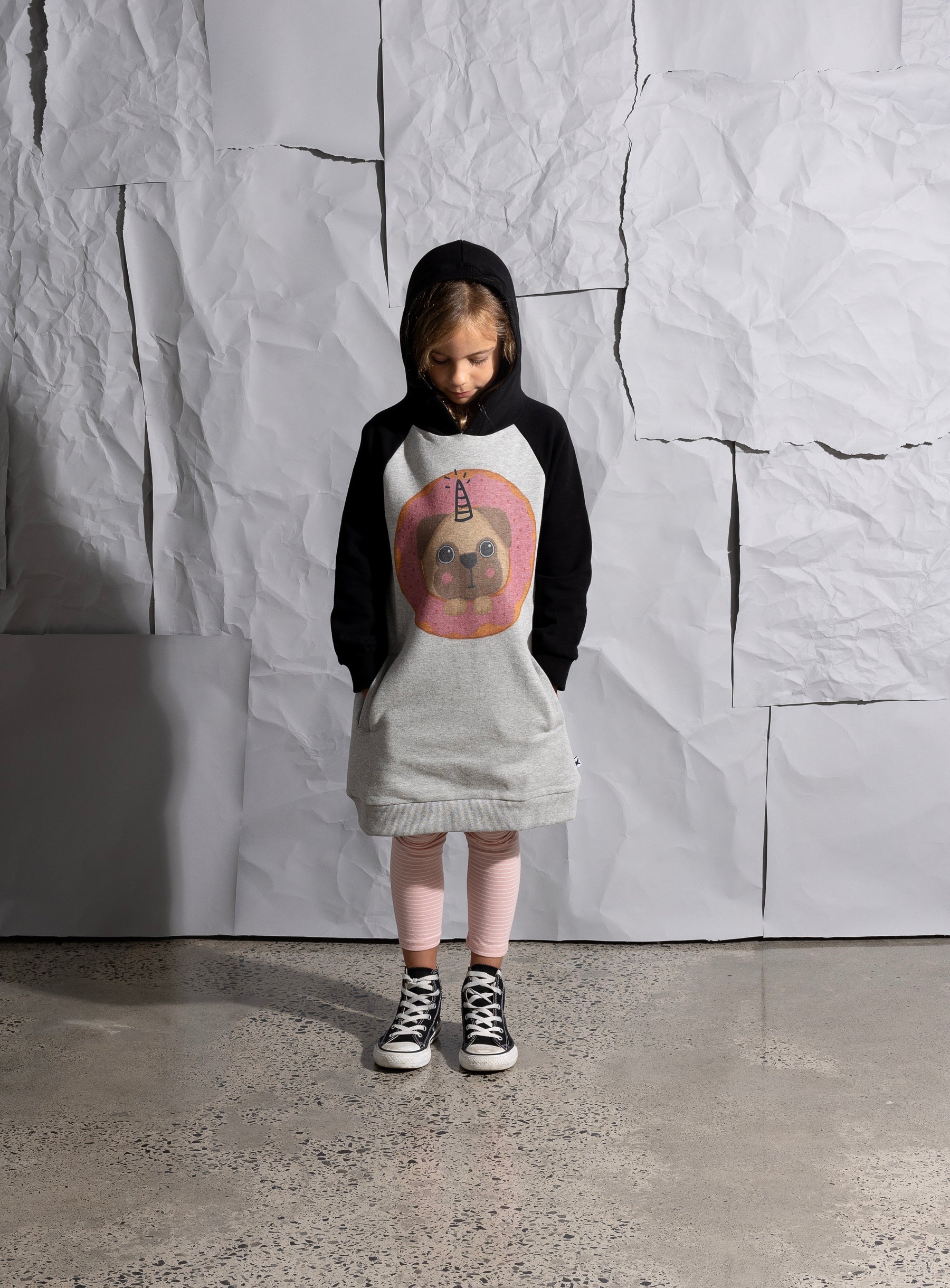 Minti Donut Pug Furry Hoodie Dress - Grey Marle/Black