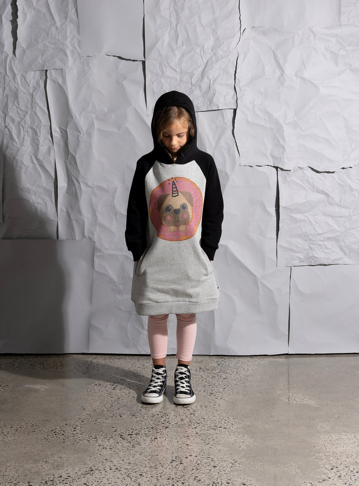 Minti Donut Pug Furry Hoodie Dress - Grey Marle/Black
