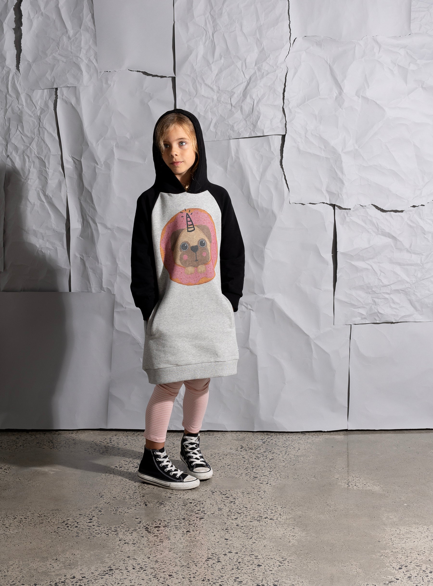 Minti Donut Pug Furry Hoodie Dress - Grey Marle/Black